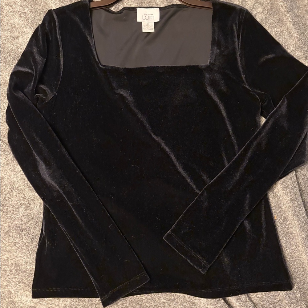 LOFT Black Velvet Square Neck Long-Sleeve Top